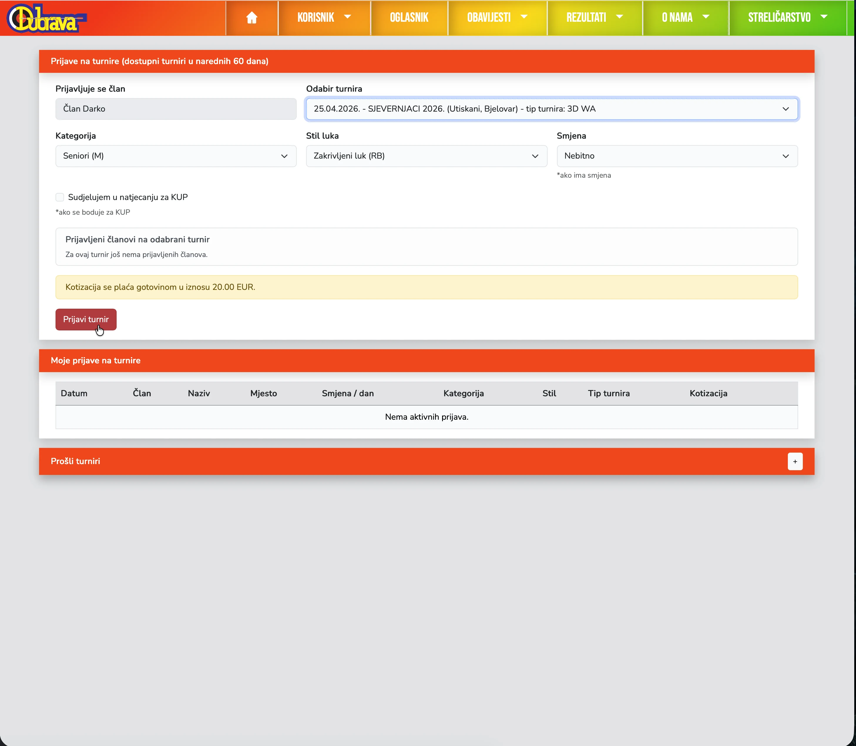 15. Prijava na odabrani turnir