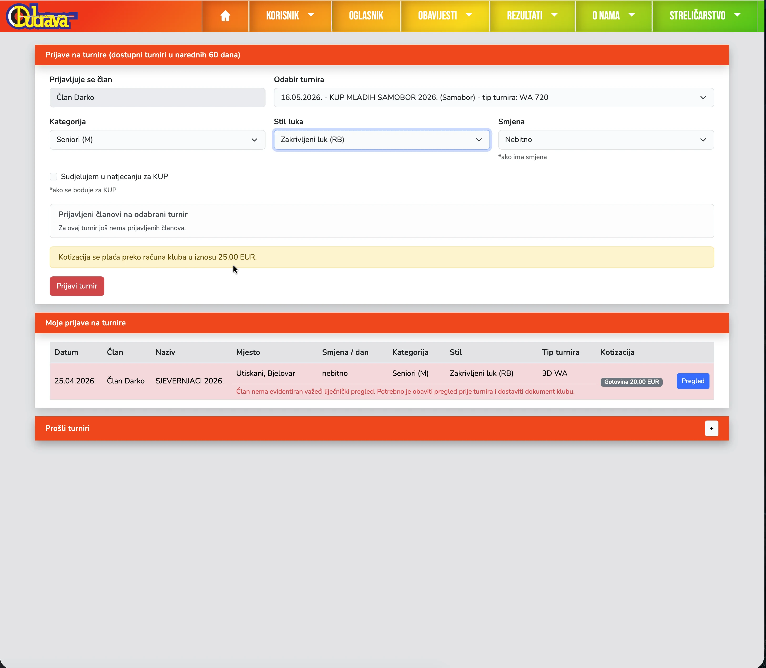 18. Prijava na turnir koji se plaća preko računa